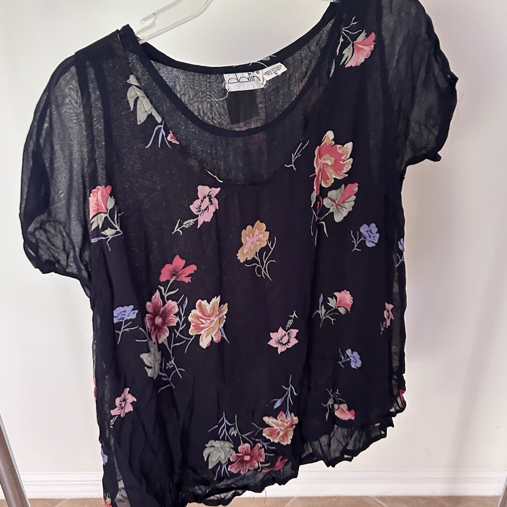 Vintage Dalin Black Floral Sheer Rayon Blouse Size S NWT Boho Y2K